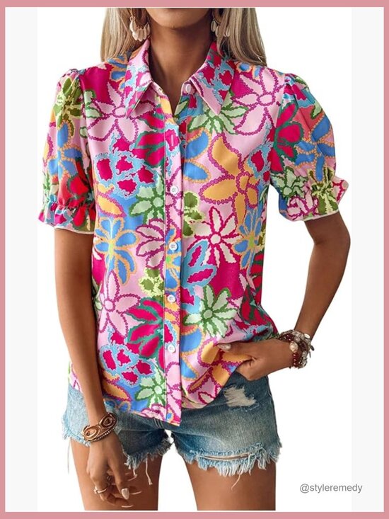 Tops - Floral Print Button Down Blouse Ruffle Short Puff Sleeve Boho Top